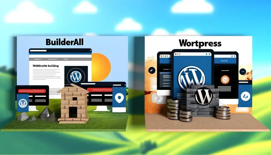 Imagem comparando Builderall e WordPress, com elementos simbolizando construção de sites e marketing digita